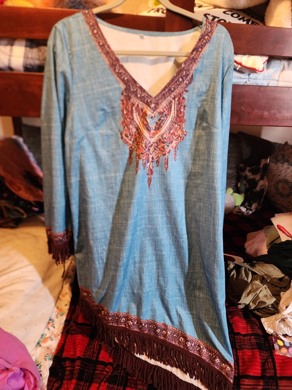 Embroidered V-Neck Tunic Dress in Teal with Brown Trim